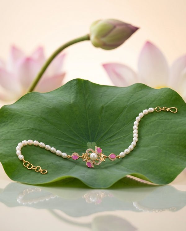 Pearl & Pink Meenakari CZ Floral Motif Bracelet