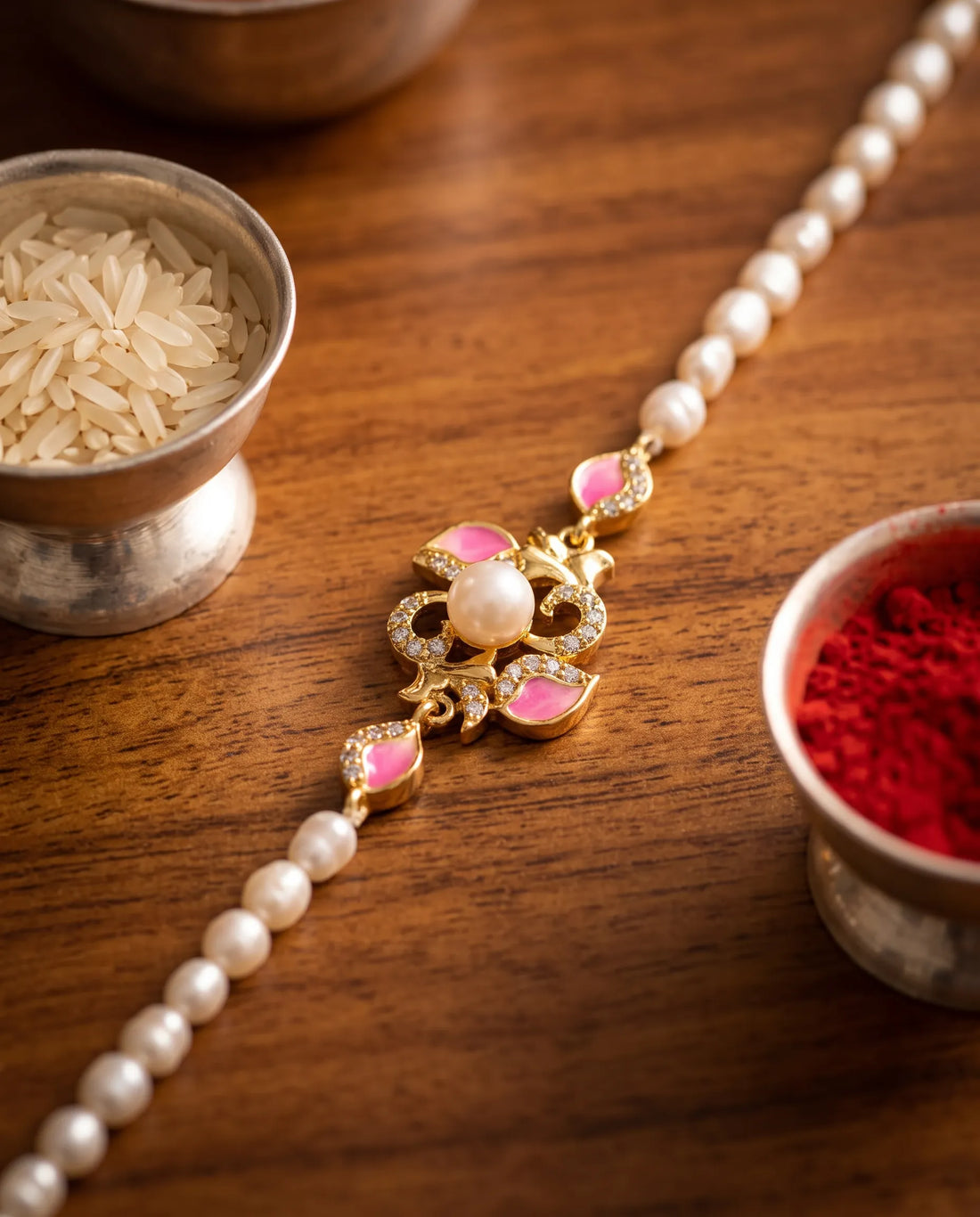 Pearl & Pink Meenakari CZ Floral Motif Rakhi cum Bracelet