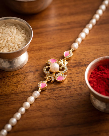 Pearl & Pink Meenakari CZ Floral Motif Rakhi cum Bracelet