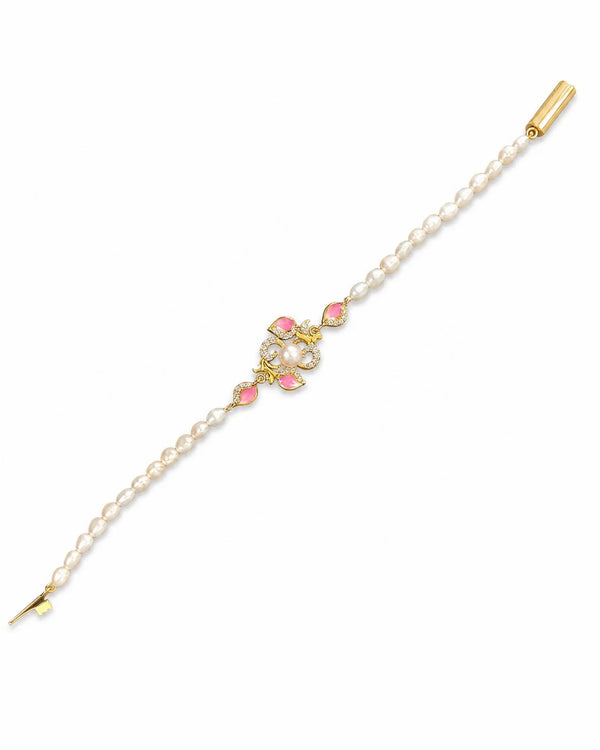 Pearl & Pink Meenakari CZ Floral Motif Rakhi cum Bracelet