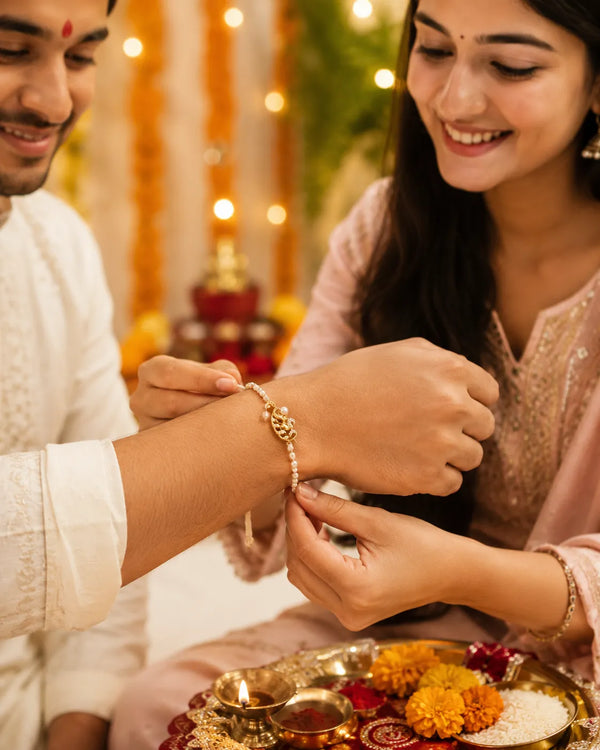 Gold-Plated Lord Ganesha Pearl Rakhi Cum Bracelet