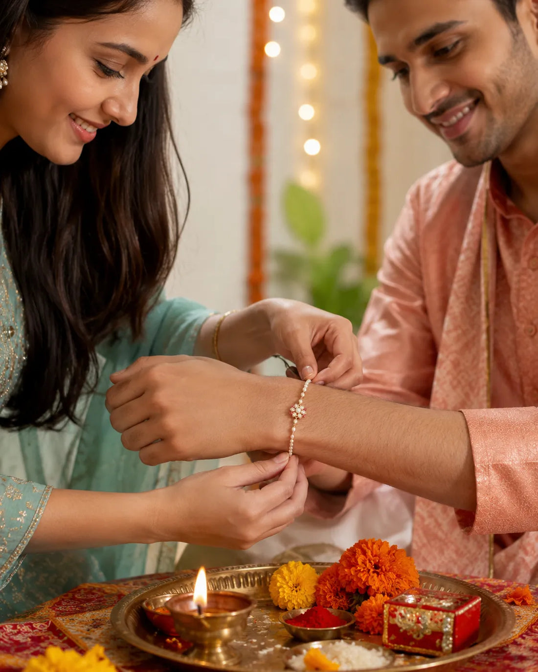 Gold-Plated Kundan & Pearl Floral Rakhi Cum Bracelet