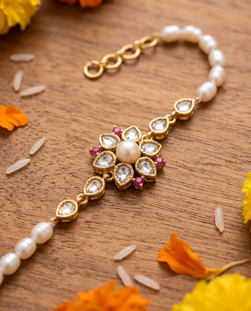 Gold-Plated Kundan & Pearl Floral Rakhi Cum Bracelet