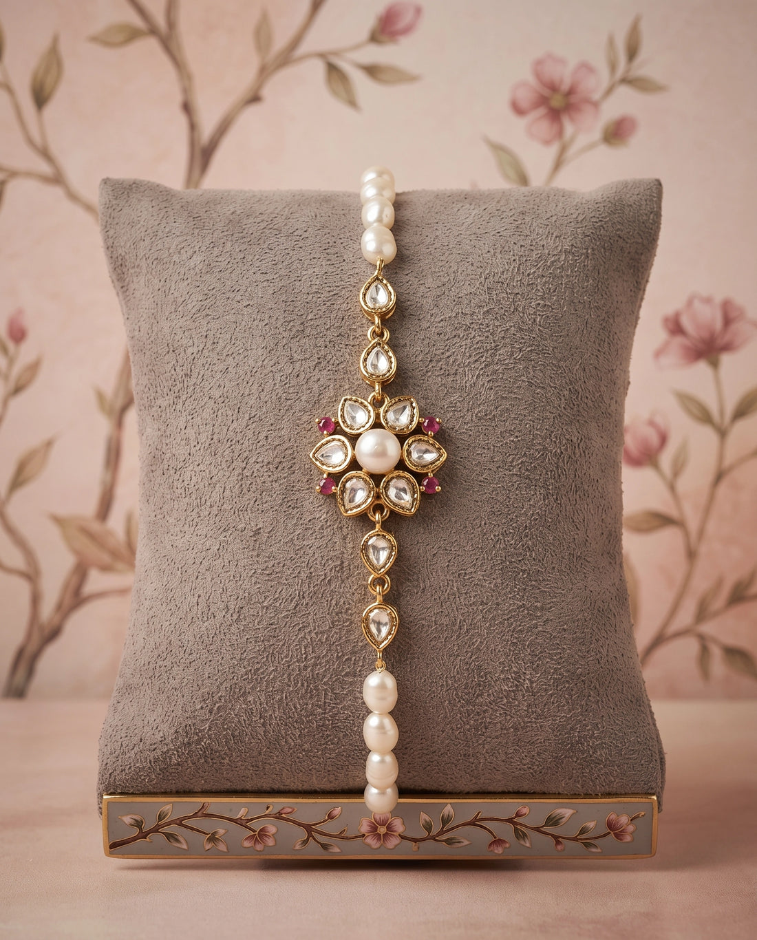 Gold-Plated Kundan & Pearl Floral Bracelet