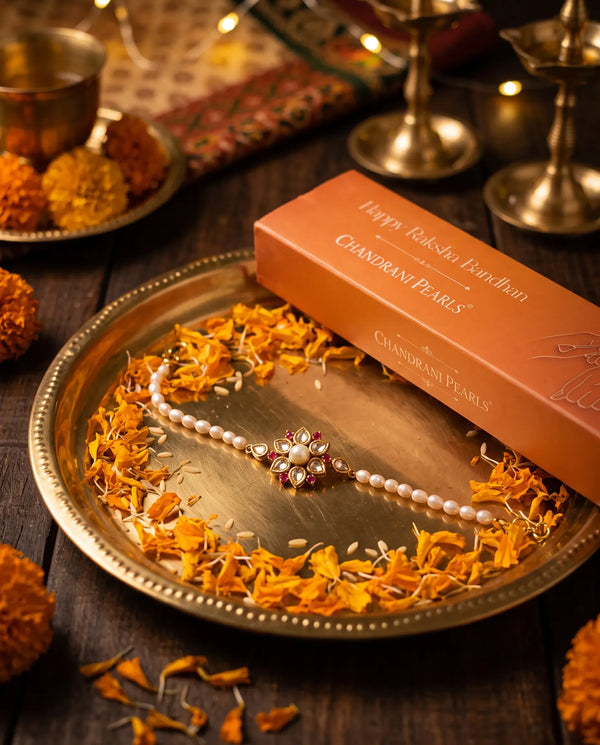 Gold-Plated Kundan & Pearl Floral Rakhi Cum Bracelet