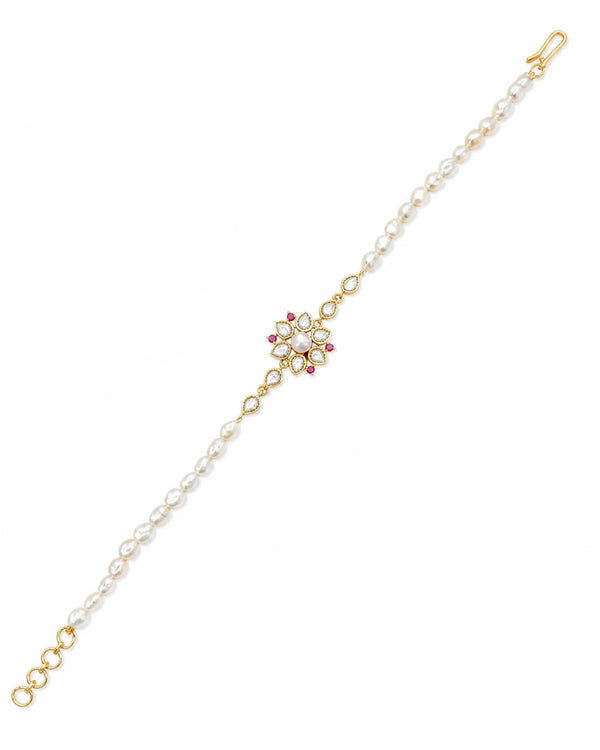 Gold-Plated Kundan & Pearl Floral Rakhi Cum Bracelet