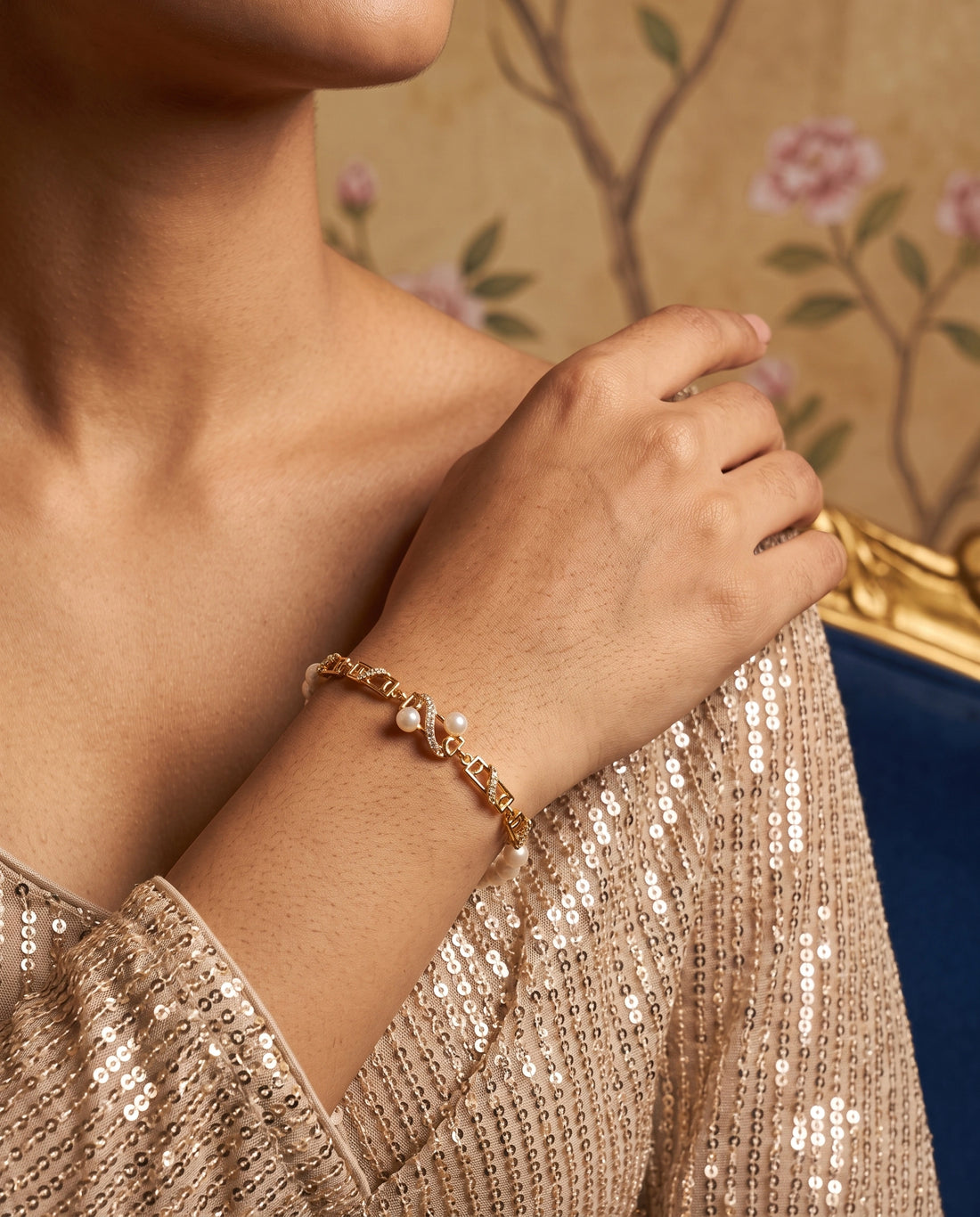 Gold-Plated Geometric Pearl & Cubic Zirconia Bracelet