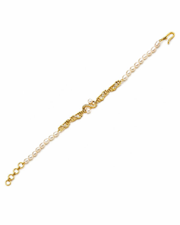 Gold-Plated Geometric Pearl & Cubic Zirconia Rakhi Cum Bracelet
