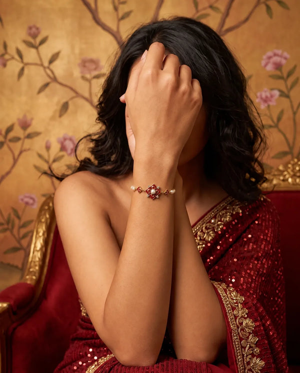 Gold-Plated Red Meenakari Enamel & Pearl Bracelet