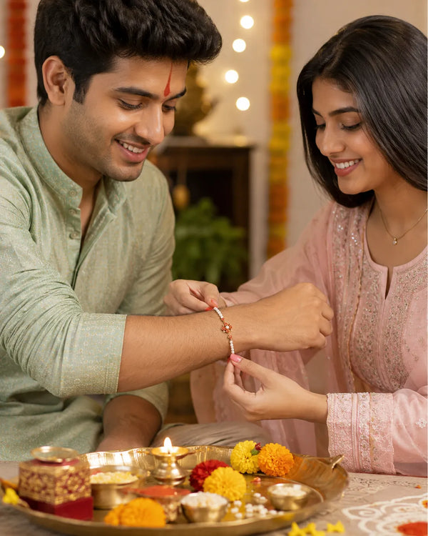 Gold-Plated Red Meenakari Enamel & Pearl Rakhi Cum Bracelet