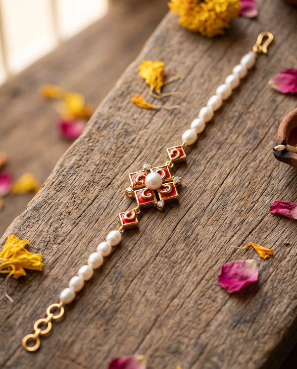 Gold-Plated Red Meenakari Enamel & Pearl Rakhi Cum Bracelet
