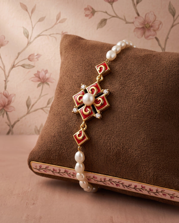 Gold-Plated Red Meenakari Enamel & Pearl Bracelet