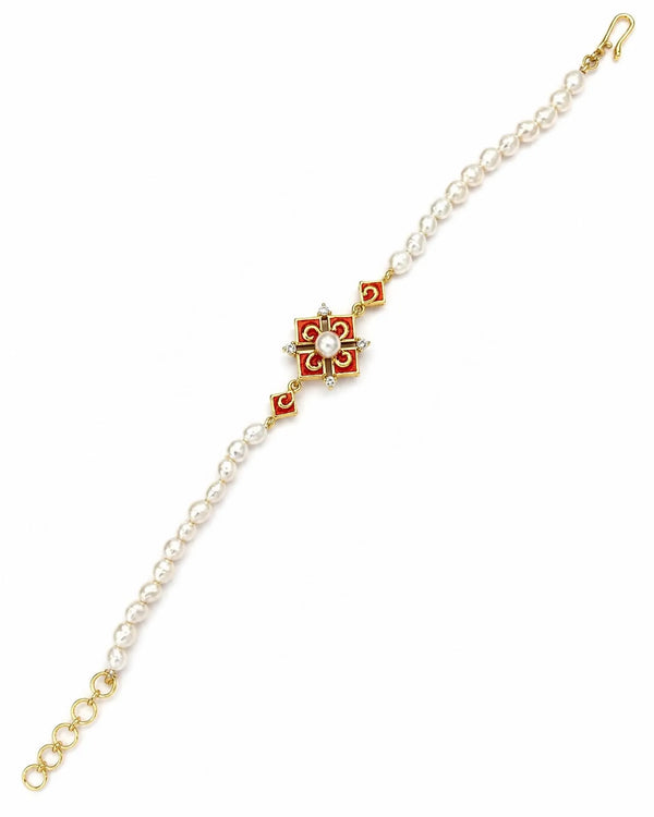 Gold-Plated Red Meenakari Enamel & Pearl Rakhi Cum Bracelet