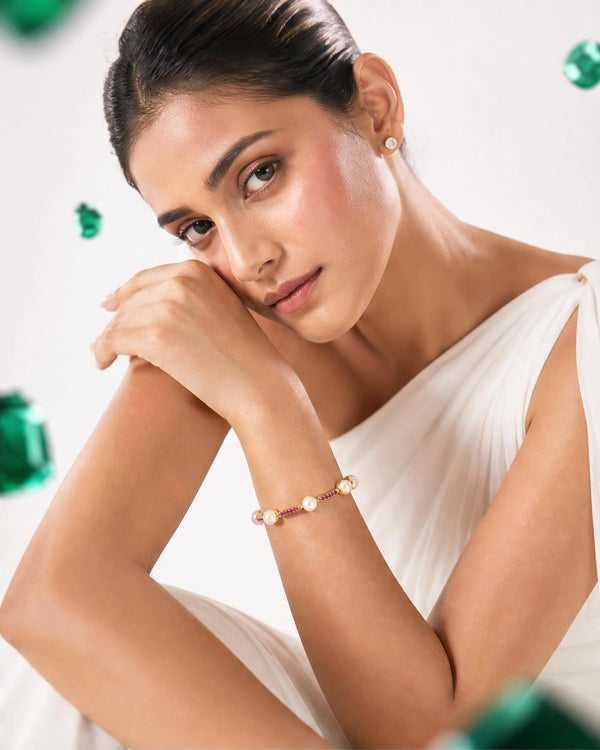 Modern Minimalist Pearl & Ruby Bar Chain Bracelet