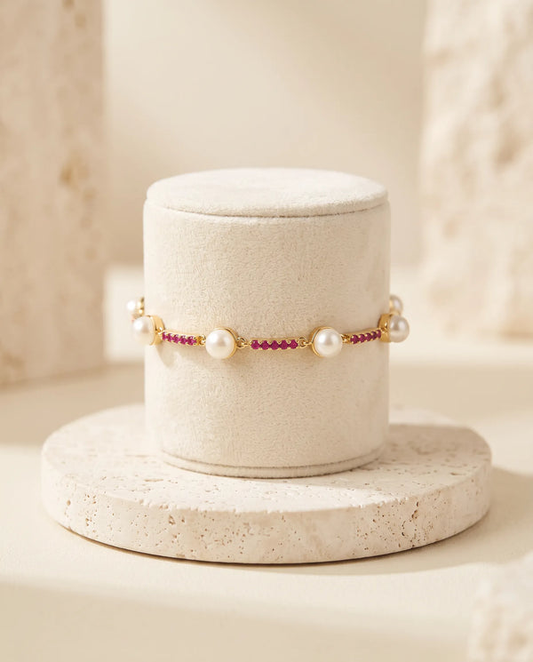 Modern Minimalist Pearl & Ruby Bar Chain Bracelet