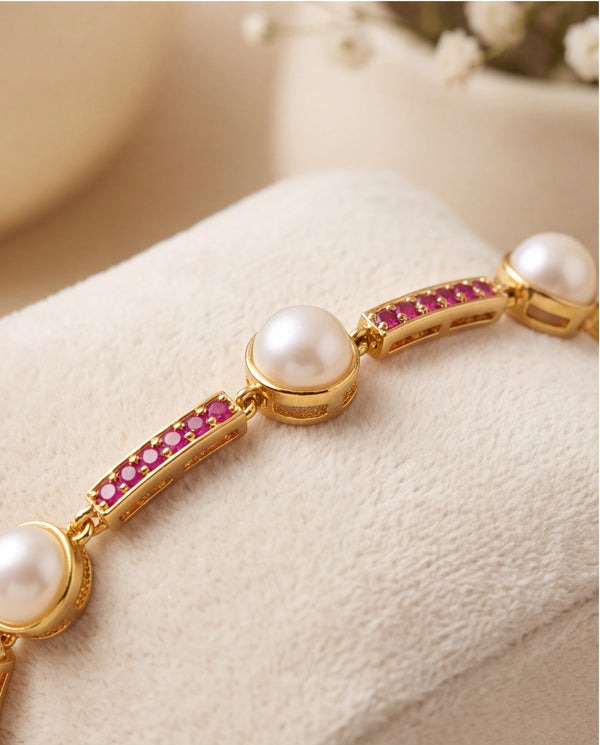 Modern Minimalist Pearl & Ruby Bar Chain Bracelet