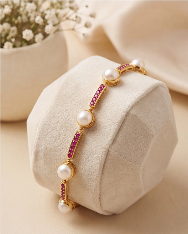 Modern Minimalist Pearl & Ruby Bar Chain Bracelet