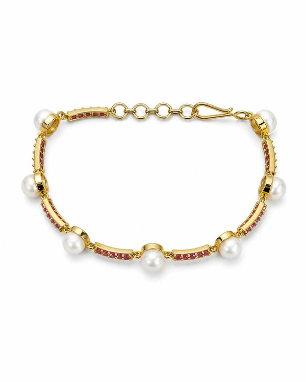 Modern Minimalist Pearl & Ruby Bar Chain Bracelet