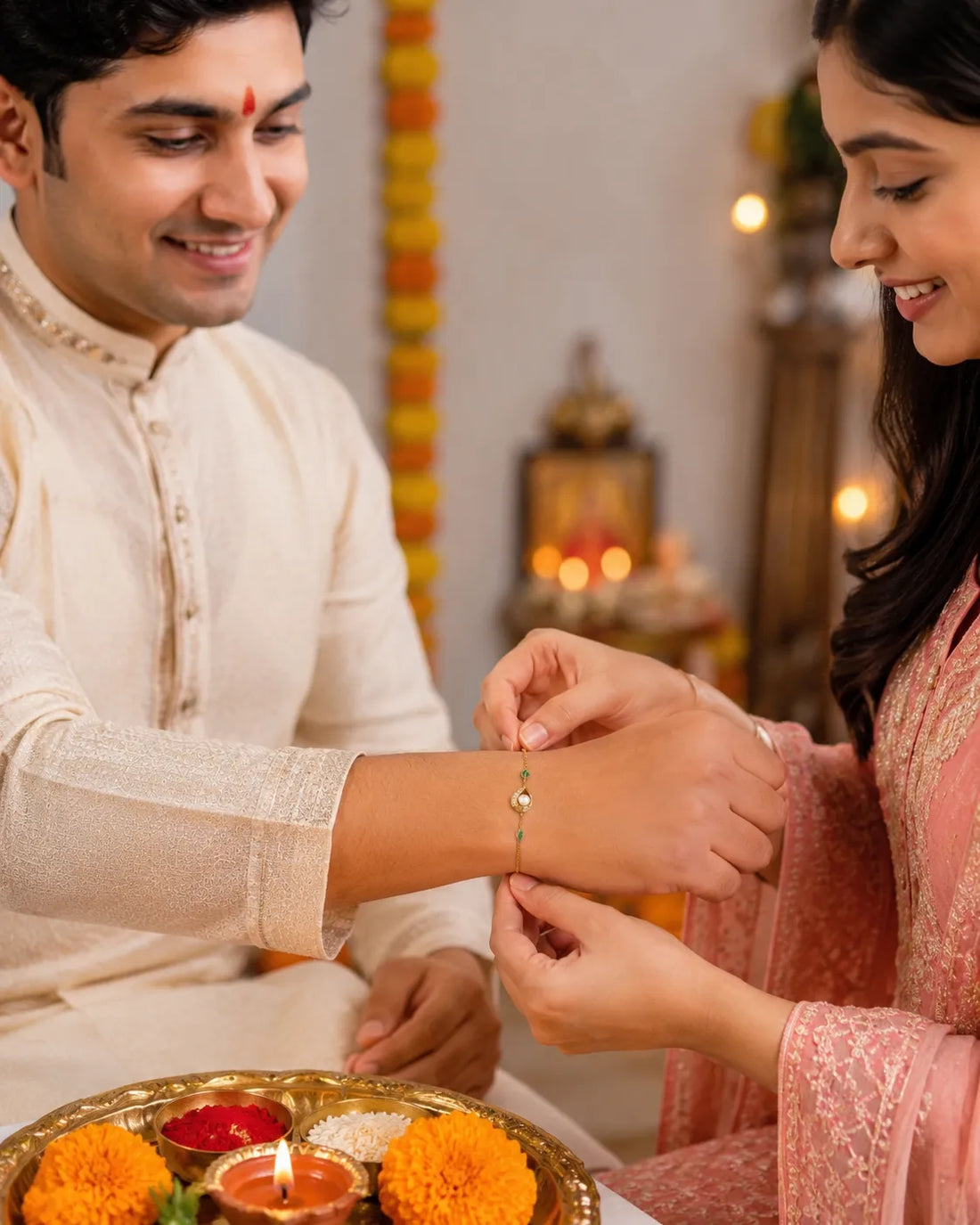Gold-Plated Green Enamel Leaf & Pearl Rakhi Cum Bracelet