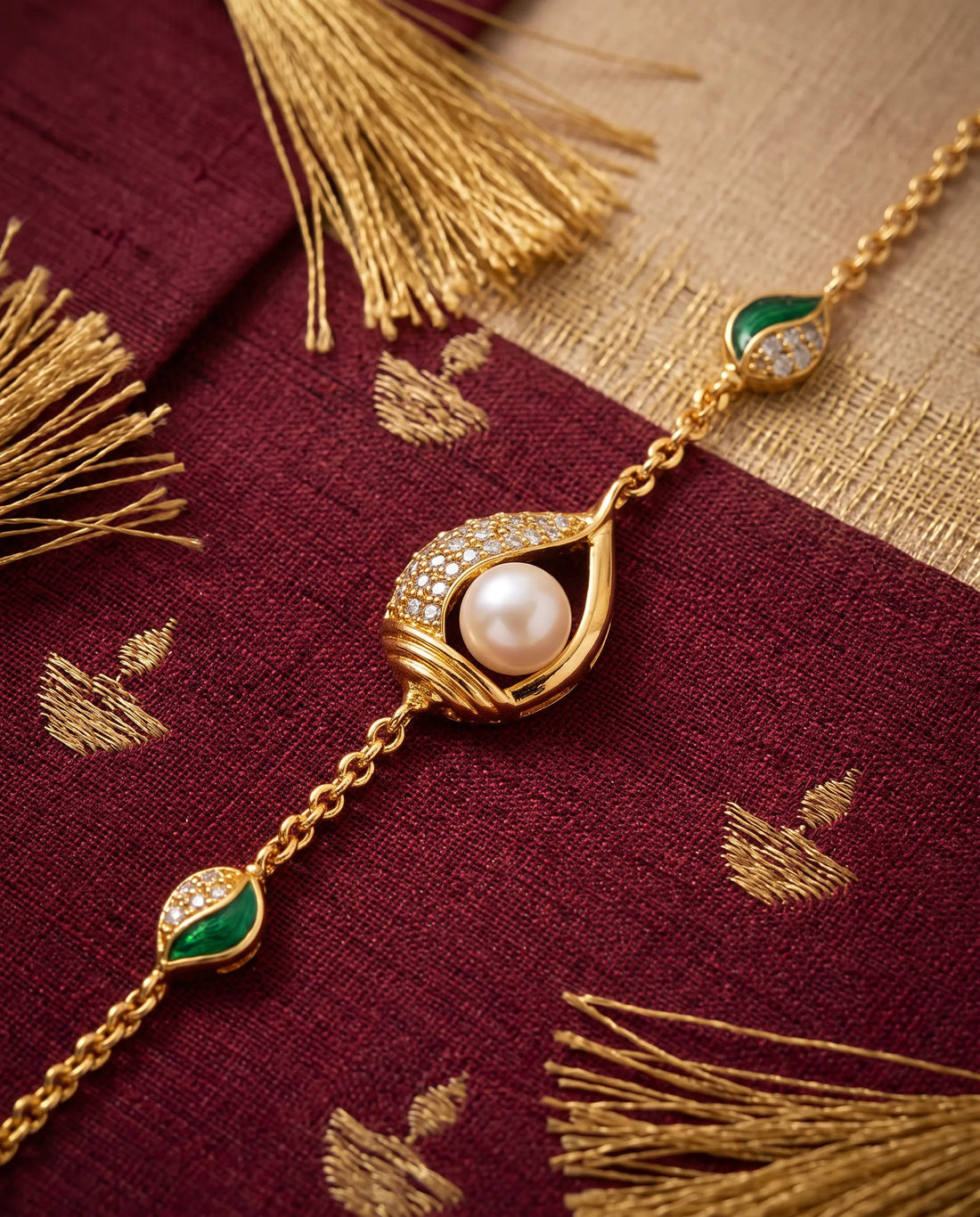 Gold-Plated Green Enamel Leaf & Pearl Rakhi Cum Bracelet