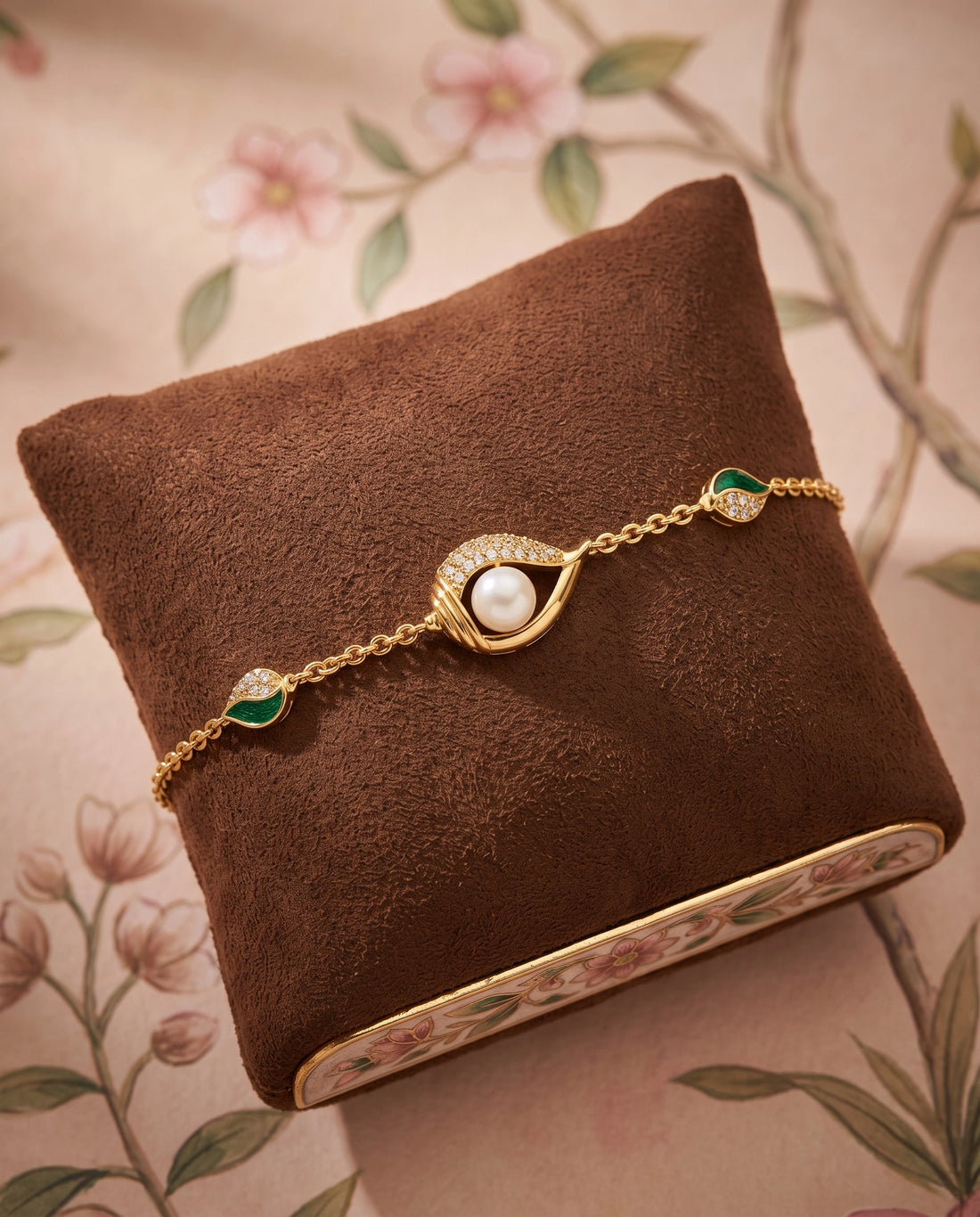 Gold-Plated Green Enamel Leaf & Pearl Bracelet