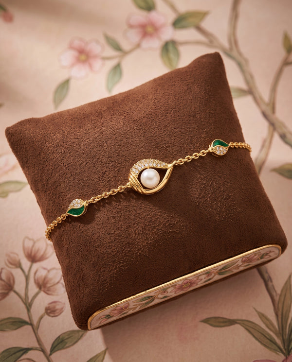 Gold-Plated Green Enamel Leaf & Pearl Bracelet