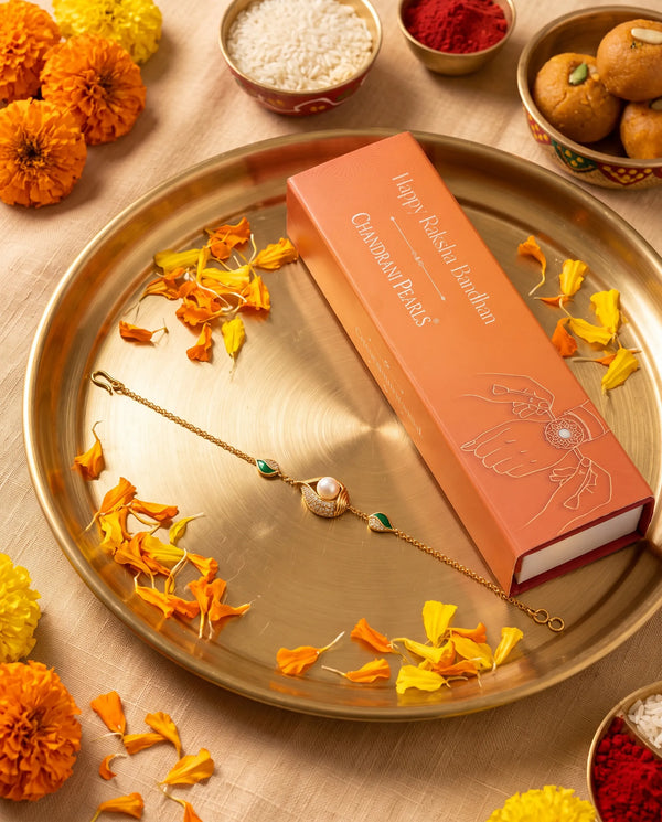 Gold-Plated Green Enamel Leaf & Pearl Rakhi Cum Bracelet