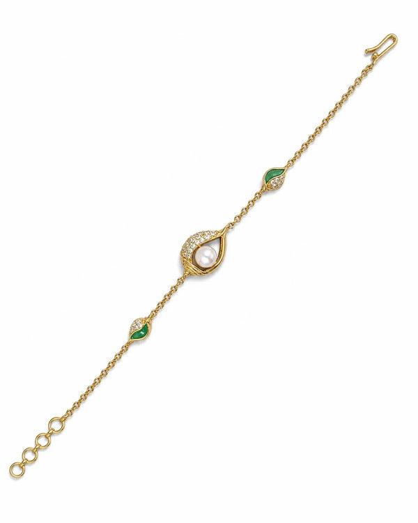 Gold-Plated Green Enamel Leaf & Pearl Rakhi Cum Bracelet