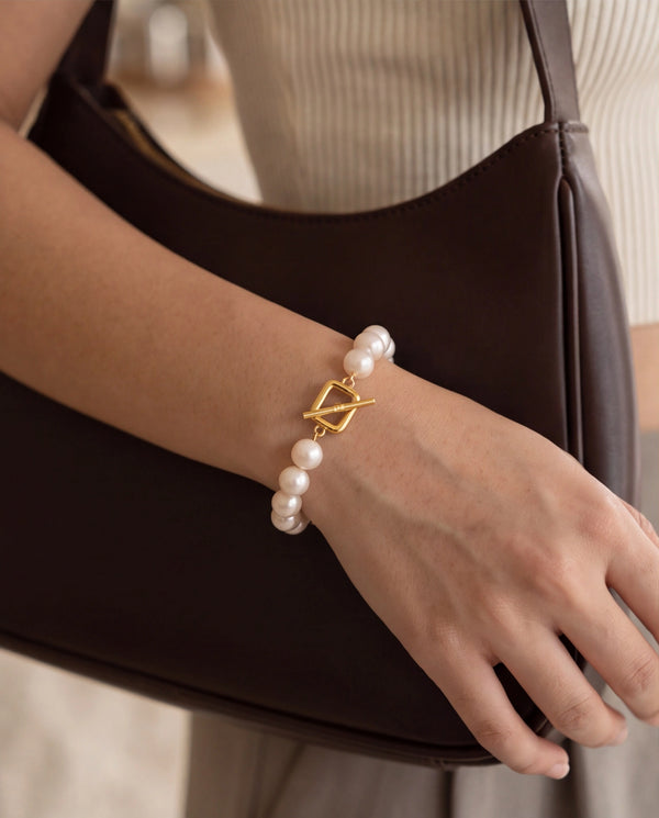 Lustrous Pearl Strand Bracelet with Gold Geometric Toggle Clasp
