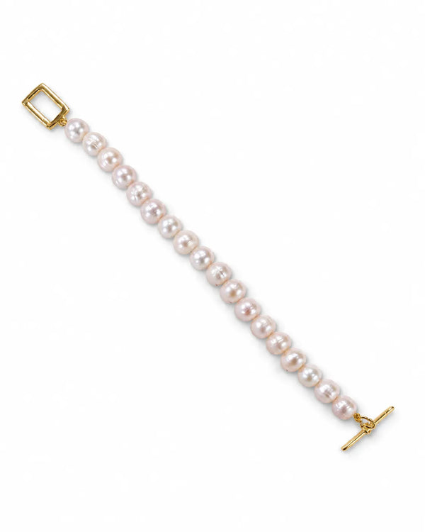 Lustrous Pearl Strand Bracelet with Gold Geometric Toggle Clasp