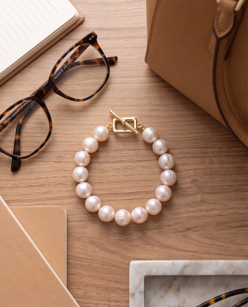 Lustrous Pearl Strand Bracelet with Gold Geometric Toggle Clasp