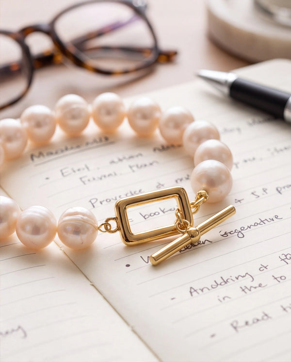 Lustrous Pearl Strand Bracelet with Gold Geometric Toggle Clasp