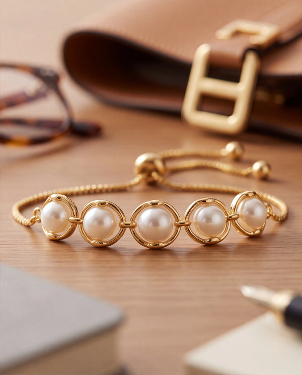 Gold-Plated Ring-Encased Pearl Bolo Bracelet