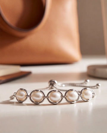 Silver-Plated Ring-Encased Pearl Bolo Bracelet