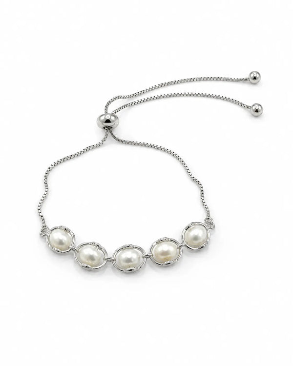 Silver-Plated Ring-Encased Pearl Bolo Bracelet