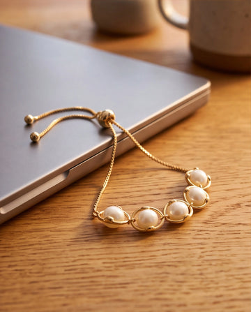 Gold-Plated Oval-Encased Pearl Bolo Bracelet