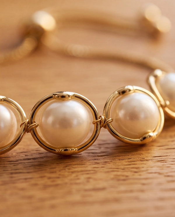 Gold-Plated Oval-Encased Pearl Bolo Bracelet