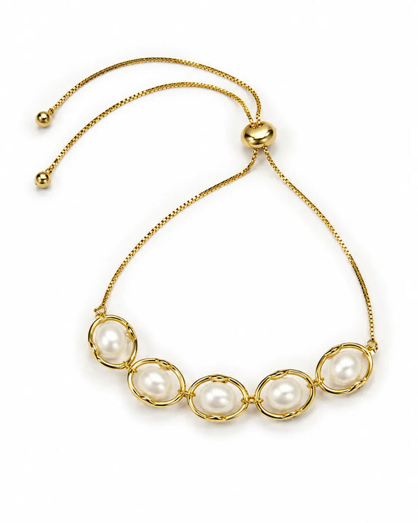 Gold-Plated Oval-Encased Pearl Bolo Bracelet