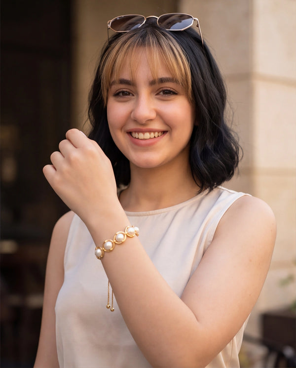 Gold-Plated Oval-Encased Pearl Bolo Bracelet