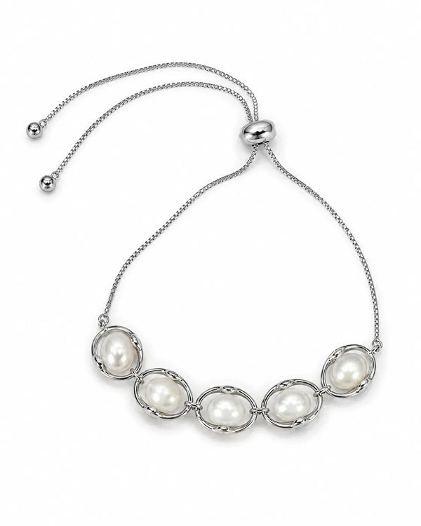 Silver-Plated Oval-Encased Pearl Bolo Bracelet