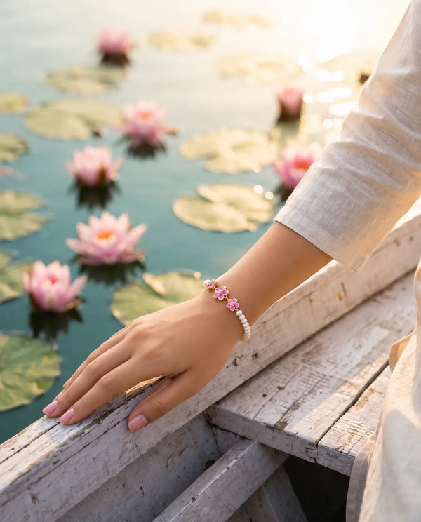 Pink Enamel Floral Charm Single-Strand Pearl Bracelet