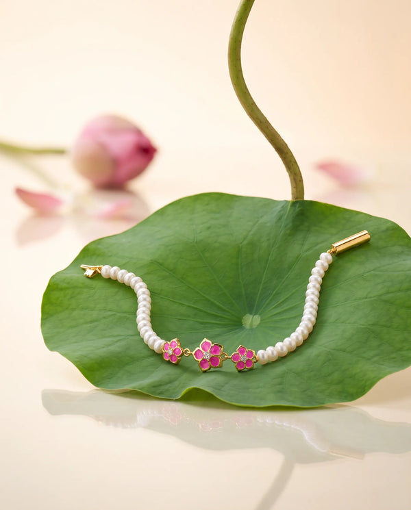 Pink Enamel Floral Charm Single-Strand Pearl Bracelet