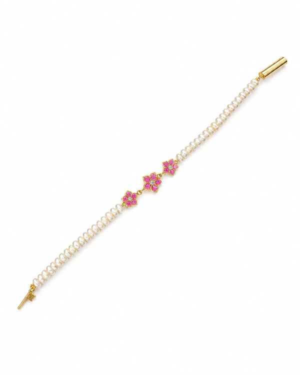 Pink Enamel Floral Charm Single-Strand Pearl Bracelet