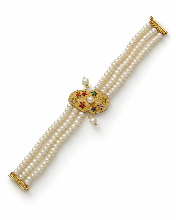 Gold-Tone Three-Strand Multicolored CZ Pearl Bracelet