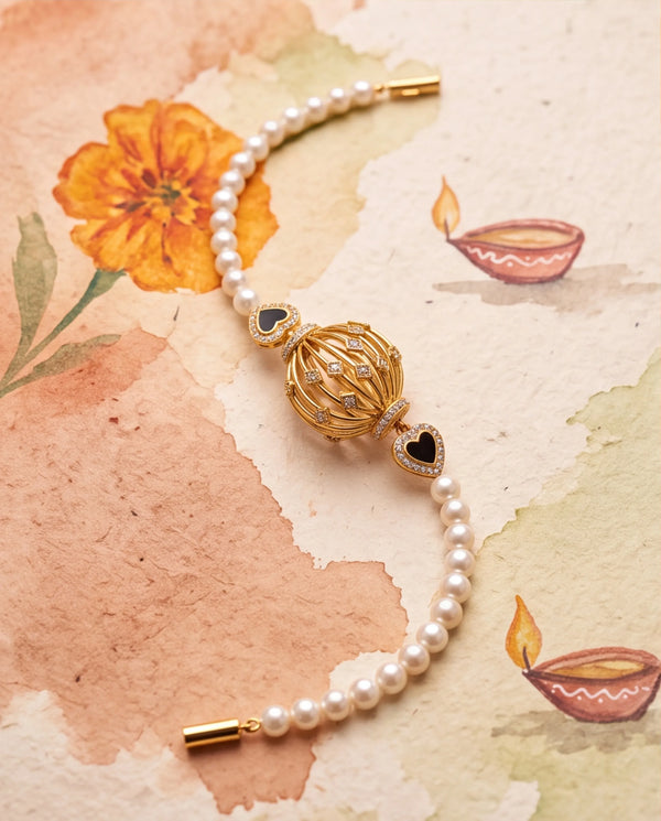 Gold-Tone Freshwater Pearl Bracelet with Black Enamel Heart Charms