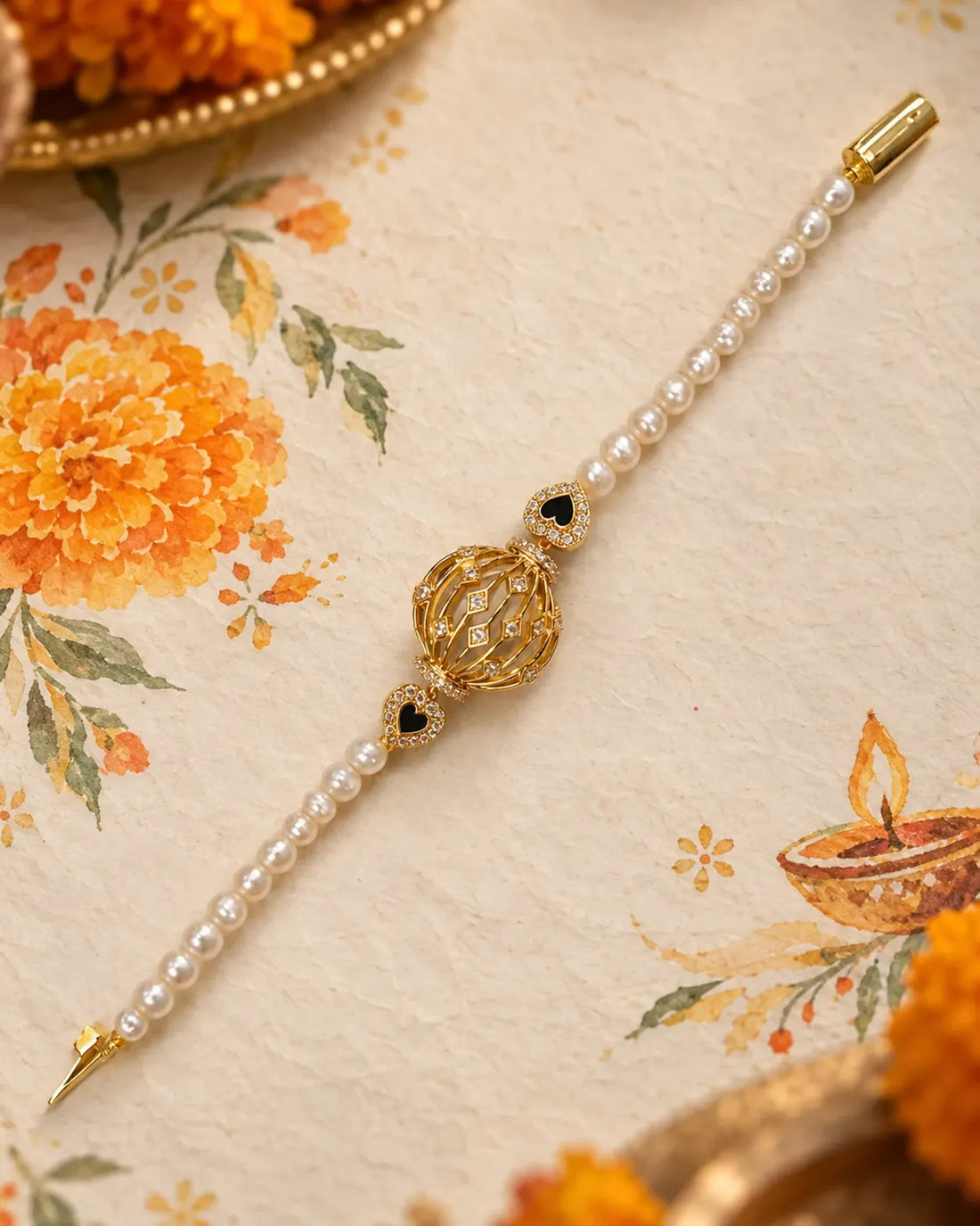 Gold-Tone Freshwater Pearl Bracelet with Black Enamel Heart Charms