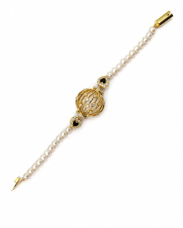 Gold-Tone Freshwater Pearl Bracelet with Black Enamel Heart Charms