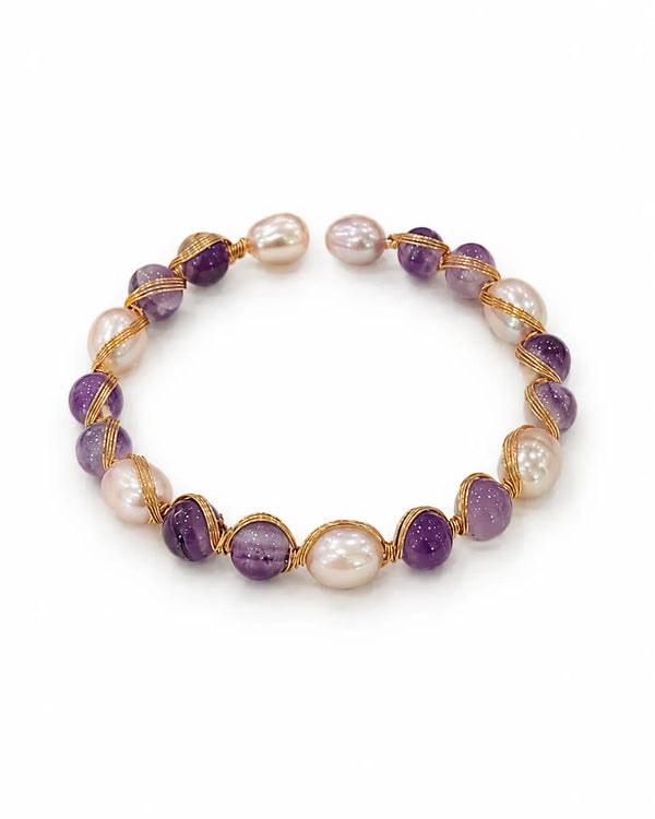 Wire-Wrapped Pearl Open Cuff Bracelet