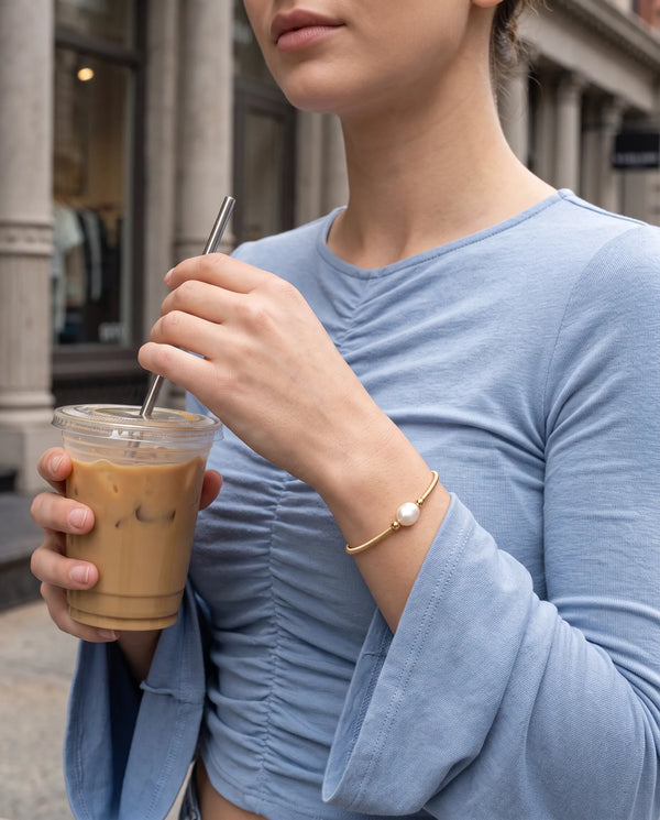 Elegant Gold-Toned Open Cuff Pearl Bracelet