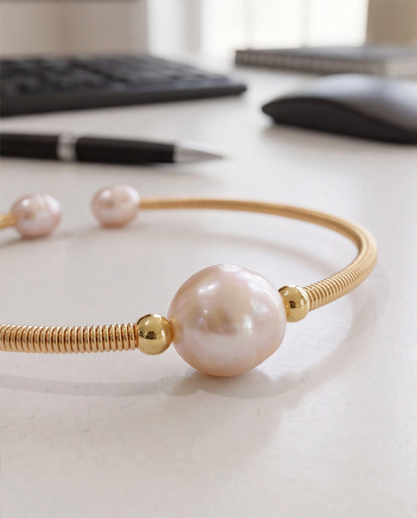 Elegant Gold-Toned Open Cuff Pearl Bracelet